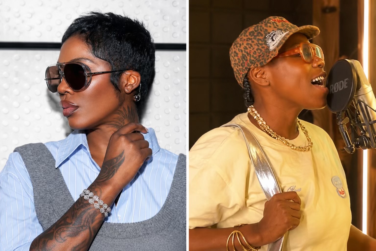A split image of Tiwa Savage and Teni